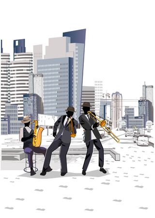 Series of the street cafes with fashion people, men and women, in the old city. Street musicians in the city. Jazz band. Hand drawn vector illustration with modern buildings.のイラスト素材