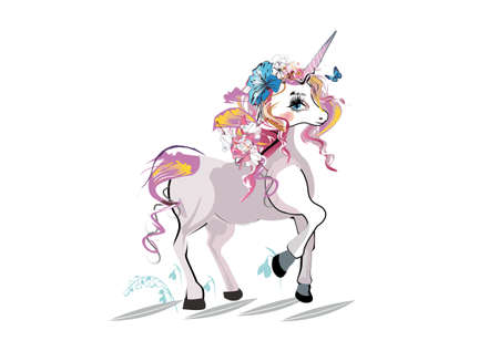 Cartoon cute unicorn character decorated with flowers and butterflies, ice-cream. Hand drawn vector...