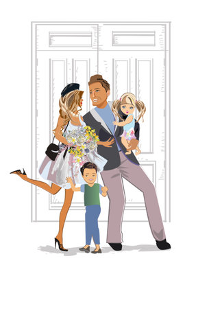 Mother, a father, thier children and a grandfather, a grandmother spending time together. Hand drawn vector illustration.のイラスト素材