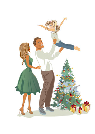 Parents and children in happy family hugs near the Christmas tree. Hand drawn colorful vector illustration.のイラスト素材
