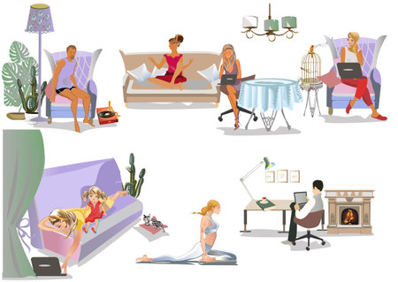 Family activities at home while people stay at home, having thier rest and do thier work, yoga, relax. Work, leisure and hobby on isolation. Hand drawn vector illustration.のイラスト素材