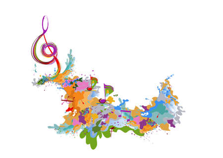 Abstract musical design with a treble clef and colorful splashes, notes and waves. Colorful treble clef. Hand drawn vector illustration.のイラスト素材