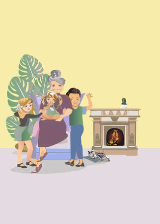 Happy hugs of a grandmother with her grandchildren at home near the fireplace.  Hand drawn vector illustration.のイラスト素材