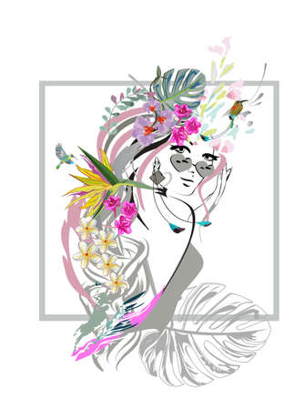 A beautiful girl's face with short hair decorated with tropical flowers and butterflies. Hand drawn vector illustration design.のイラスト素材