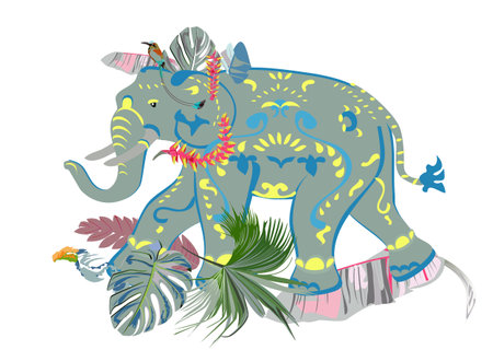 Floral background with tropical summer and spring flowers, palm leaves,  an elephant. Hand drawn vector illustration.のイラスト素材