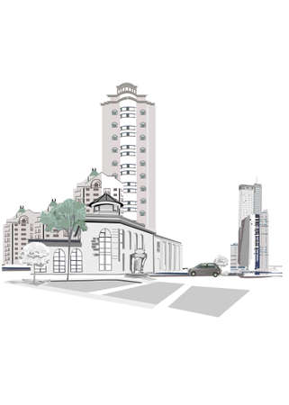 Series of backgrounds decorated with flowers, old town views and street cafes.    Hand drawn vector architectural background with historic buildings.のイラスト素材