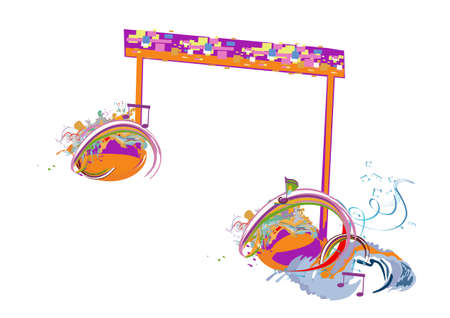 Abstract musical design with colorful splashes and musical waves, notes. Hand drawn vector illustration.のイラスト素材