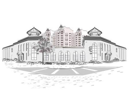Series of street views in the old city. Hand drawn vector architectural background with historic buildings. Black & white sketchのイラスト素材