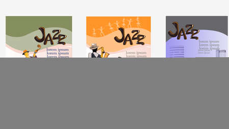 Abstract colorful posters with musicians at the party. Jazz band. Hand drawn vector illustration.のイラスト素材