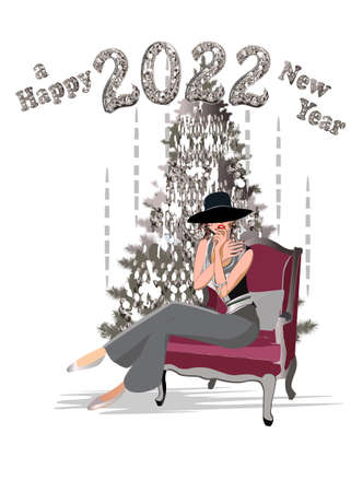Festive card design with Christmas tree and numbers 2022 from mosaic.  Happy New Year Banner with 2022Numbers. Fashion girl in the arm-chair. Hand drawn vector illustration.のイラスト素材