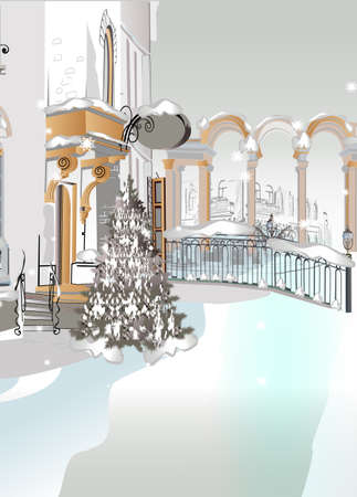 Christmas greeting card. Hand drawn vector Illustration of the snowy street decorated with a Christmas tree.のイラスト素材