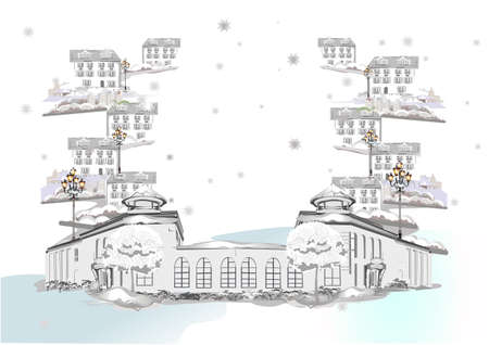 Series of street views in the old city. Hand drawn vector architectural background with historic buildings. Black & white sketchのイラスト素材