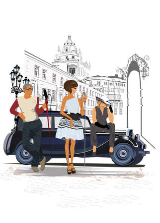 Series of street musicians in the city. Jazz band near the retro car. Hand drawn vector illustration with retro buildings.のイラスト素材