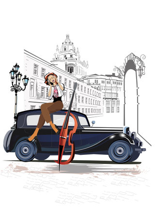 Series of street musicians in the city. Jazz band near the retro car. Hand drawn vector illustration with retro buildings.のイラスト素材