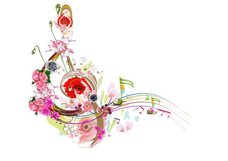 Abstract treble clef decorated with summer and spring flowers, palm leaves, notes, birds. Hand drawn musical vector illustration.のイラスト素材