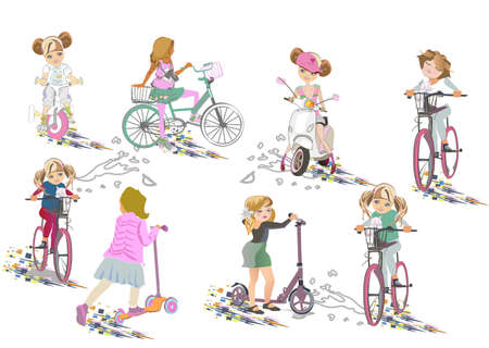Sketch of a cute fashion girl with a dog riding the bicycle. Hand drawn vector illustration.のイラスト素材