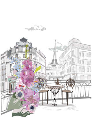 Series of backgrounds decorated with flowers, old town views and street cafes. Hand drawn vector architectural background.のイラスト素材