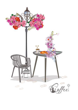 Silhouette of the cafe table with a coffee-pot and an arm-chair decorated with flowers. hand drawn vector illustration.のイラスト素材