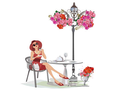 Fashion people in the restaurant. Street cafe in the old city. Girls drinking coffee at the table near the retro window. Hand drawn Vector Illustration.のイラスト素材