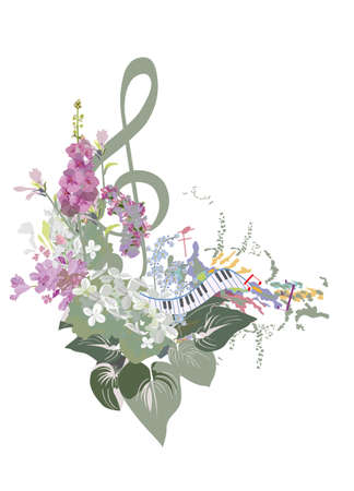 Abstract nature treble clef decorated with summer and spring flowers, notes, birds. Light and relax music. hand drawn vector illustration.のイラスト素材