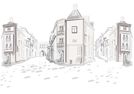 Series of street views in the old city. Hand drawn vector architectural background with historic buildings. black & white sketchのイラスト素材