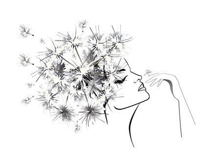 Silhouette of a woman's face with hair in the form of flowers and her hands in lines. The lightness of a dandelion.   Hand drawn vector illustration.のイラスト素材