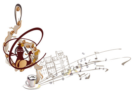 Coffee music. Abstract treble clef decorated with coffee wave, beans and a cup. Hand drawn vector illustration.のイラスト素材