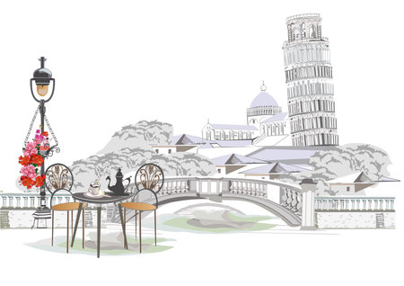 Series of travel backgrounds with Italian sights, street cafes and architectural views. The tower of Pisa, hand drawn vector illustration.のイラスト素材