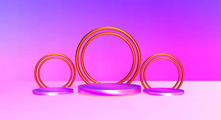 Golden podium on black background with spheres