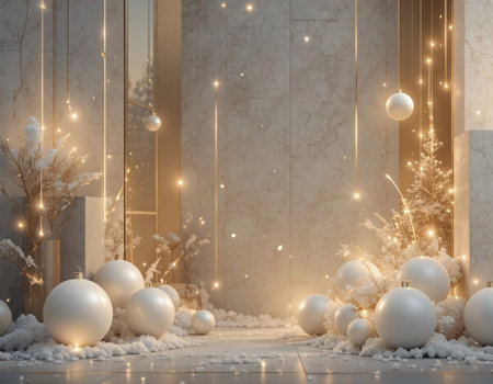 3d render of white christmas balls and christmas tree in front of marble wallの素材