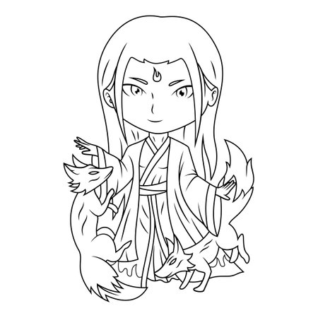 Inari god chibi mascot line artのイラスト素材