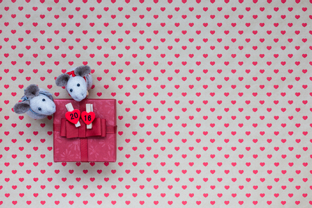 Christmas background. Red gift box, New Year 2016, copy space.の写真素材
