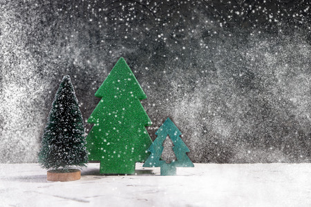 Christmas decoration. Decorative Christmas tree, snow texture. Copy space.の写真素材