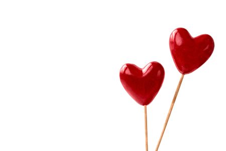 Two red hearts on white background. Valentines Day concept. Holiday background. Copy spaceの写真素材