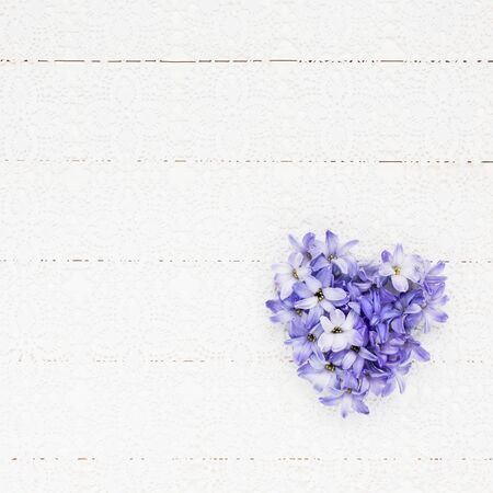 Heart of hyacinth flowers on a white lace tablecloth. Valentines Day concept. Top view, copy space for textの写真素材