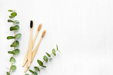 Flat lay composition with eco-friendly bamboo toothbrushes and eucaliptus branch on white background. Zero waste concept. Top view, copy space for textの写真素材