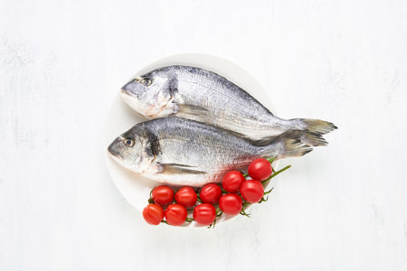 Raw dorado fish on white plate on a light background. Mediterranean seafood concept Top view, copy space for textの写真素材