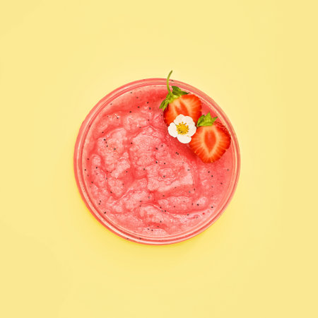 Homemade pink body scrub with strawberry in a glass jar on a yellow background. SPA concept. Selective focusの写真素材