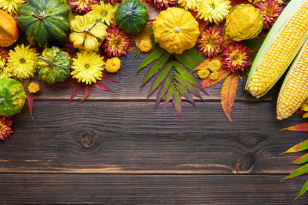 Autumn background with pumpkins, corn, and flowers on a dark wooden table. Happy Thanksgiving concept. Flat layの写真素材