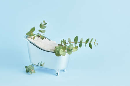 White bath salt and twigs of fresh eucalyptus in a small bathtub on a blue background. SPA, body care concept. Copy space for textの写真素材