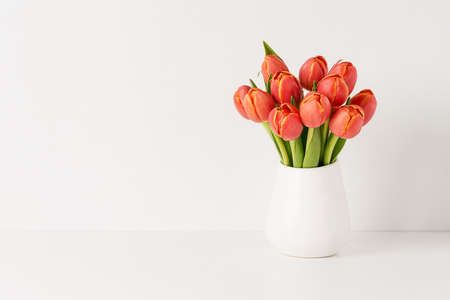 Bunch of tulips in a white vase on the white table by the wall. Copy spaceの写真素材