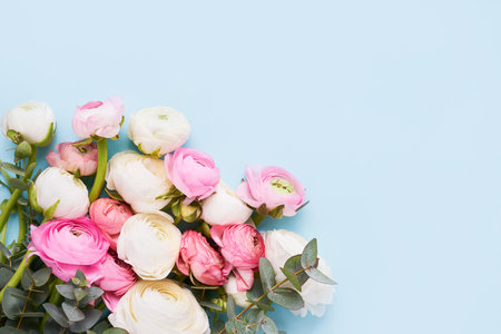 Bouquet of ranunculus flowers on a blue background. Mothers Day, Valentines Day, birthday conceptの写真素材