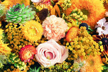 Beautiful autumnal flower background. Flowers decoration, top viewの写真素材