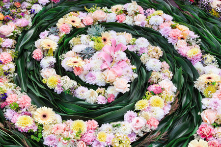 Colorful flowers background. Top viewの写真素材