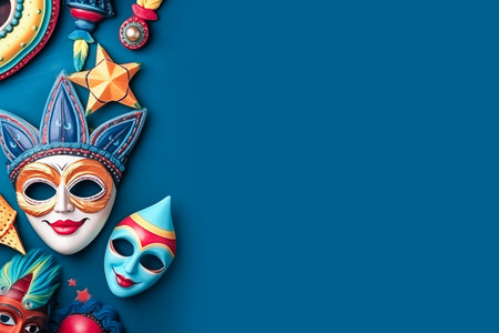 Carnival Masks with Festive Decorations on blue background. Copy spaceの素材