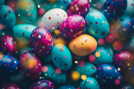 Vibrant and colorful Easter eggs background. Top viewの素材