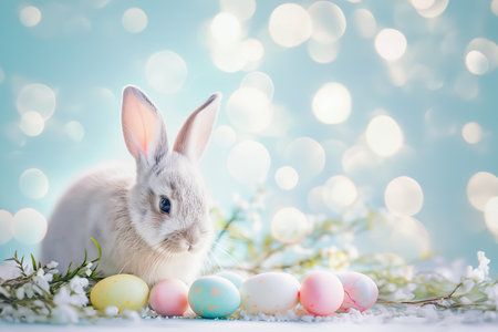 Adorable Bunny Poses Next to Easter Eggs on Soft Blue Background. Easter backgroundの素材