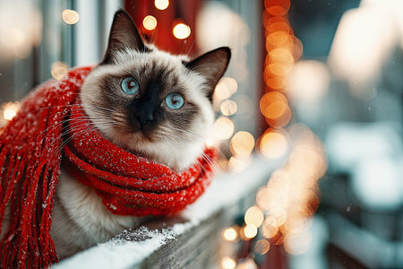 Cat wearing a red scarf surrounded by festive lights in a winter setting with snowflakesの素材