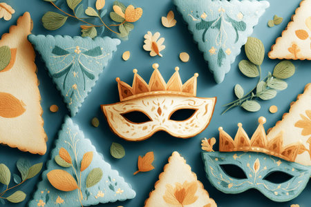 Colorful decorative masks and cookies arranged artistically on a vibrant blue backgroundの素材