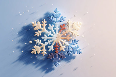Colorful snowflake illustration with intricate designs and shimmering textures on a soft backgroundの素材